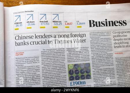 Chinesische Kreditgeber unter ausländischen Banken entscheidend für Thames Water, Schlagzeile der Zeitung China Dutch Business artikel 5 April 2024 London England Großbritannien Stockfoto