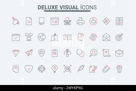 Symbole für Copyright, Erstellung kreativer Inhalte, Websuche und Schutzzeilen. Storytelling-Symbole, Texter für Text, Blog-Artikel dünne schwarze und rote Umrisssymbole, Vektorillustration Stock Vektor