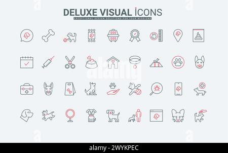 Hundepflege dünne schwarze und rote Linien setzen Vektorillustration. Umrisssymbole der Haustierausbildung und Nahrung, ärztliche Tierärztin Überprüfung für die Gesundheit von Haustier und Impfstoff, Welpe Hundehaus Stock Vektor