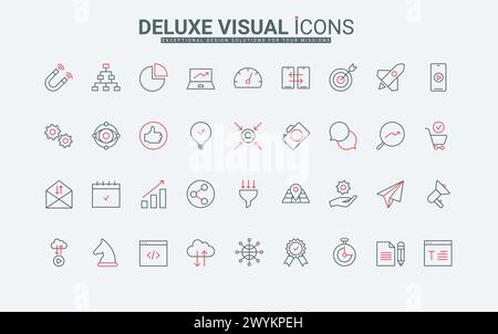 Symbolsatz für digitale Marketinglinien. Social-Media-Kampagne und Strategie des Handels und Verkaufstrichters, Datenanalyse und Ideensuche für Blog dünne schwarze und rote Umrisssymbole, Vektorillustration Stock Vektor