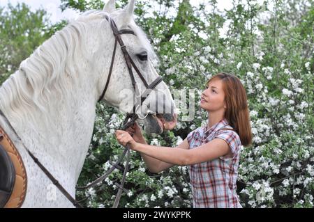 Tscherkasy, Ukraine, 3. Mai 2012. Unbekanntes Mädchen mit reinrassigem weißem Pferd, das im Frühling im Apfelbaumgarten ruht Stockfoto