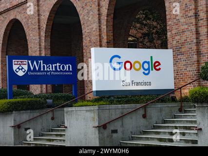 San Francisco, Usa. April 2024. Ein Google-Schild ist vor dem Campus des Wharton San Francisco College zu sehen. (Foto: Gabe Ginsberg/SOPA Images/SIPA USA) Credit: SIPA USA/Alamy Live News Stockfoto