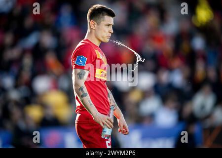 Oliver Villadsen des FC Nordsjaelland während des 3F Superliga-Spiels zwischen dem FC Nordsjaelland und dem FC Kopenhagen rechts zum Dream Park in Farum, Sonntag, den 7. April 2024. (Foto: Mads Claus Rasmussen/Ritzau Scanpix) Stockfoto