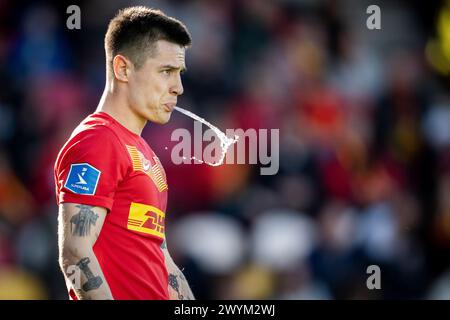 Oliver Villadsen des FC Nordsjaelland während des 3F Superliga-Spiels zwischen dem FC Nordsjaelland und dem FC Kopenhagen rechts zum Dream Park in Farum, Sonntag, den 7. April 2024. (Foto: Mads Claus Rasmussen/Ritzau Scanpix) Stockfoto