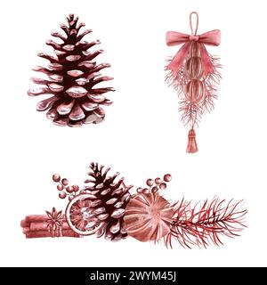 Set aus drei Kompositionen aus Tannenzweigen, Orangen, Tannenzapfen für die Illustration von Weihnachtsaquarellen im Vintage-Stil auf weißem Hintergrund. Hand dra Stockfoto