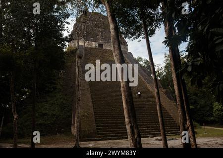 Pyramiden und Ruinen in der Maya-Stadt Tikal im Dschungel von Nord-Guatemala im Bezirk Peten. Eine beliebte touristische und historische Attraktion Stockfoto