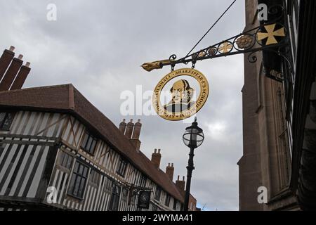 Schild, William Shakespeares Schulzimmer und guildhall, Stratford upon Avon, England, Großbritannien Stockfoto