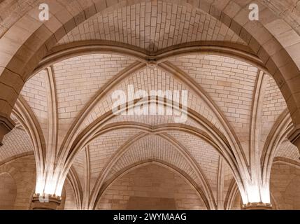 Gewölbte Decke, gestützt von massiven Säulen im Saal der Männer-at-Arms, Conciergerie, ehemaliges Gericht und Gefängnis im Stadtzentrum von Paris, Frankreich Stockfoto