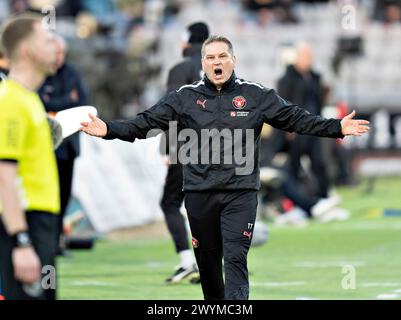 Thomas Thomasberg, Trainer des FC Midtjylland, tobt im Spiel der 3F Superliga zwischen AGF und FC Midtjylland im Ceres Park in Aarhus am Sonntag, den 7. März 2024. (Foto: Henning Bagger/Ritzau Scanpix) Stockfoto