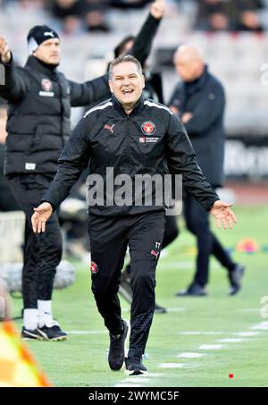 FC Midtjylland-Trainer Thomas Thomasberg im 3F Superliga-Spiel zwischen AGF und FC Midtjylland im Ceres Park in Aarhus, Sonntag, 7. März 2024. (Foto: Henning Bagger/Ritzau Scanpix) Stockfoto