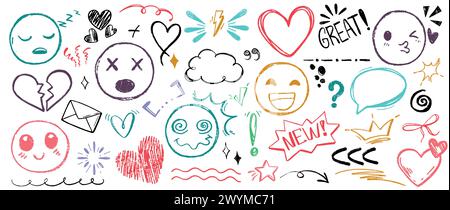 Handgezeichneter Satz von farbenfrohen, kritzelnden Emoji-Gesichtern mit verschiedenen Emotionen, Herz- und Bleistiftzeichen. Farbige Sprach-Blasen, Sätze, Unterstreichung und Hervorhebung des Symbols für Textelemente in Holzkohle Stock Vektor