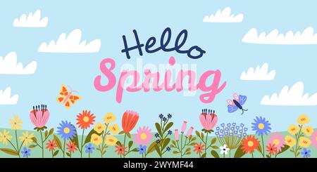 Blühendes Poster für die Frühlingssaison. Schöne Blumen, fliegende Schmetterlinge, Aufwachen zur Natur, warme sonnige Zeit, hübsche Landschaft, süße Wolken, waagerecht Stock Vektor