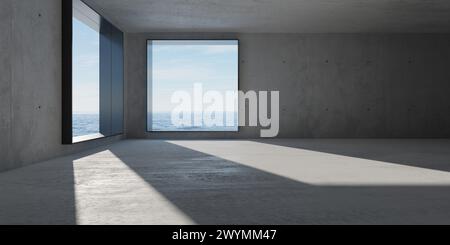 Abstrakter großer, leerer, moderner Betonraum mit großen Eckfenstern mit Blick auf das Meer und rauem Boden - Hintergrundvorlage für den industriellen Innenraum, 3D-Il Stockfoto