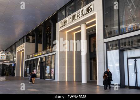 Die renovierte Fassade der Penn Station und der Eingang zum Madison Square Garden befinden sich an der Seventh Avenue, 2024, New York City, USA Stockfoto