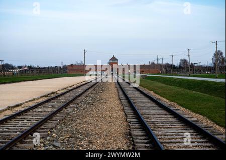 Auschwitz, Polen, 21. März 2024 - Bahngleise zu den Toren des Vernichtungslagers Stockfoto