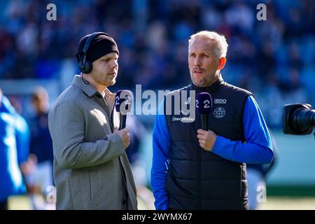 Drammen, Norwegen, 7. April 2024. Jørgen Isnes, Manager von Strømsgodset, wurde von TV2 vor dem Eliteserien-Spiel zwischen Strømsgodset und Rosenborg im Marienlyst-Stadion interviewt. Quelle: Frode Arnesen/Alamy Live News Stockfoto