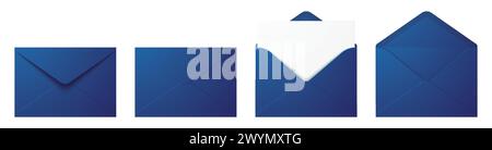 Vektor-Set von realistischen blauen Umschlägen in verschiedenen Positionen. Geöffnetes und geschlossenes Umschlagmockup isoliert auf weißem Hintergrund. Stock Vektor