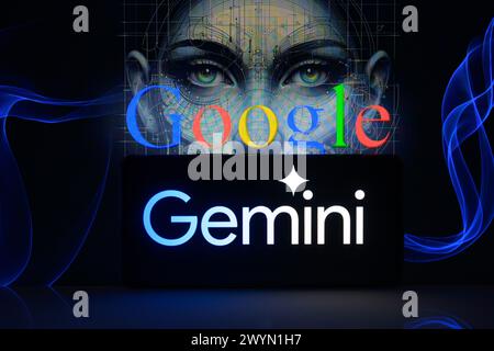 Brüssel, Belgien April 2024. Das Gemini-Symbol wird auf einem Smartphone angezeigt, auf dem Google im Hintergrund sichtbar ist (siehe Abbildung). Aufgenommen in Brüssel, Belgien. Am 7. April 2024. (Jonathan Raa/SIPA USA) *** ausschließlich für redaktionelle Nachrichten *** Credit: SIPA USA/Alamy Live News Stockfoto