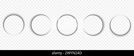 Runde Schatten isoliert auf transparentem Hintergrund. Weicher Überlagerungseffekt mit Kreis. Abgerundete Formen mit dunklen Verlaufsrändern. Leere kreisförmige Schattierungen auf Boden, Papier oder Seite. Realistische Vektordarstellung. Stock Vektor