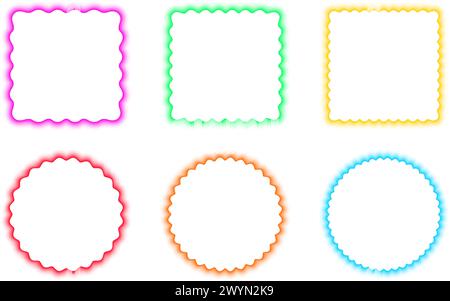 Set aus bunten quadratischen und runden Rahmen mit gewellten Rändern. Wiggly-Formen mit verschwommenem Aura-Effekt. Leere Textfelder oder Webbanner-Vorlagen mit weichen Verlaufskanten. Vektorgrafik. Stock Vektor