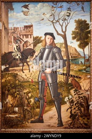 "Junger Ritter in einer Landschaft", 1505, Vittore Carpaccio, Thyssen Bornemisza Museum, Madrid, Spanien , Europa. Stockfoto