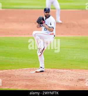 Sugarland, Texas, USA. April 2024. 7. April 2024 – Sugarland, Texas, USA – Houston Astros Pitcher JUSTIN VERLANDER (35) für die Sugarland Space Cowboys im Constellation Field. (Credit Image: © Jerome Hicks/ZUMA Press Wire) NUR REDAKTIONELLE VERWENDUNG! Nicht für kommerzielle ZWECKE! Stockfoto