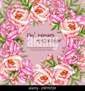 Aquarellkarte mit rosa Pfingstrosen, Knospen, Blättern und Text. Botanische Komposition auf staubrosa Hintergrund. Tolles Dekorationsmuster, STAT Stockfoto