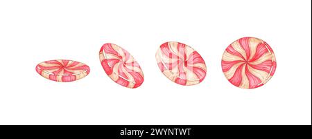 Aquarellillustration Set mit traditionellen Weihnachtsbonbons. Weihnachtsbonbons mit roten und weißen Streifen. Süßigkeiten auf Hintergrund für Begrüßung isoliert Stockfoto
