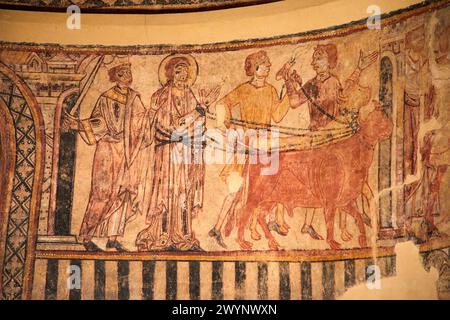 Pinturas murales de la ermita de Nuestra Señora del Rosario en Osia (Huesca), Diözesanmuseum Jaca, Museo Diocesano de Jaca, Jaca, Provinz Huesca, Aragón, Spanien, Europa. Stockfoto