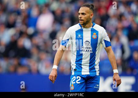 Barcelona, Spanien. April 2024. Martin Braithwaite von RCD Espanyol während der La Liga Hypermotion, Datum 34 zwischen RCD Espanyol und Albacete Balompie spielte am 7. April 2024 im Stage Front Stadium in Barcelona, Spanien. (Foto: Bagu Blanco/PRESSINPHOTO) Credit: PRESSINPHOTO SPORTS AGENCY/Alamy Live News Stockfoto