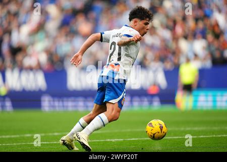 Barcelona, Spanien. April 2024. Nico Melamed von RCD Espanyol während der La Liga Hypermotion, Datum 34 zwischen RCD Espanyol und Albacete Balompie spielte am 7. April 2024 im Stage Front Stadium in Barcelona, Spanien. (Foto: Bagu Blanco/PRESSINPHOTO) Credit: PRESSINPHOTO SPORTS AGENCY/Alamy Live News Stockfoto