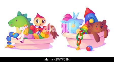 Spielzeugboxen isoliert auf weißem Hintergrund. Vektor-Karikaturillustration des Plastikbehälters mit Kugel, Rakete, Teddybär, Pferd, Einhorn, Puppe, Dinosaurier, Buch, Früherziehung, Kinderzimmer Stock Vektor