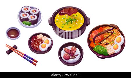 Traditionelle koreanische Gerichte in Tellern und Schüsseln mit Essstäbchen. Zeichentrickvektor-Illustration Satz orientalischer Mahlzeiten zum Abendessen. Asiatische Restaurantküche köstliche Küche. Beliebter würziger, gekochter Snack. Stock Vektor