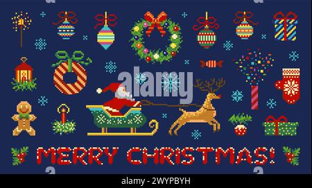 Pixel Art Merry Christmas Vintage Webbanner Stock Vektor
