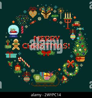 Pixel Art Frohe Weihnachten Vintage Kreismuster Stock Vektor