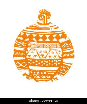 Die Abbildung des Balls ist mit gelbem Ornament gefüllt. Isoliert auf weißem Hintergrund. Dekorative Zeichnung eines Mannes in einem Pullover oder Weihnachtsbaumschmuck Stockfoto