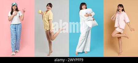 Frau im Pyjama auf verschiedenfarbigem Hintergrund, Collage von Fotos Stockfoto