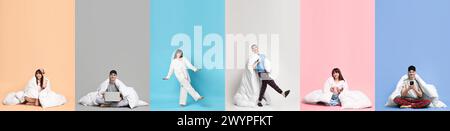 Leute im Pyjama mit verschiedenfarbigem Hintergrund, Collage von Fotos Stockfoto