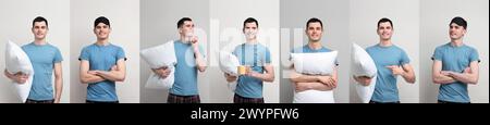 Mann im Pyjama mit Kissen auf hellem Hintergrund, Collage von Fotos Stockfoto