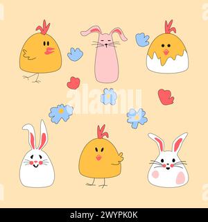Set mit Osterfiguren. Niedlicher Osterhase mit Huhn und Ei zum Bedrucken von Kinderprodukten, Aufklebern und Büchern. Illustration des Zeichentrickvektors. Stock Vektor