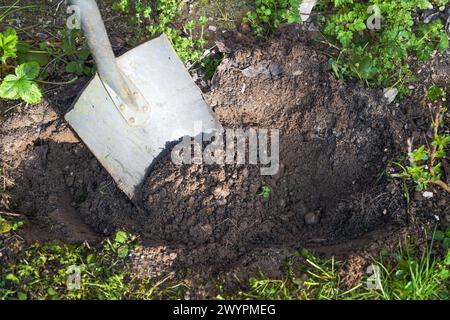 Graben eines Pflanzlochs in den Boden mit einem Spaten, braunem Sandboden und einigen Unkraut herum, Gartenkonzept, Kopierraum, Kopierraum, ausgewählter Fokus, na Stockfoto