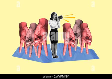 Kreative Fotocollage stehend junge Frau formalwear Silhouette zwei Finger Menschen Gruppendemonstration Karikatur Protest Stockfoto
