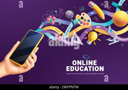 Textvektordesign für den Online-Unterricht. E-Learning und Online-Fernkurse im Bereich Mobiltelefon-Anwendungskonzept. Vektorabbildung Stock Vektor