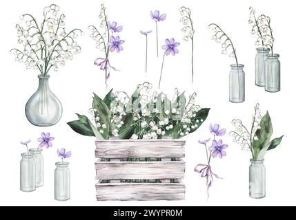 Aquarellset Illustration aus weißem Holz mit Blumenarrangement mit weißen Sträußen aus Lilien des Tals und fliederschinken. Handgezeichnet Stockfoto