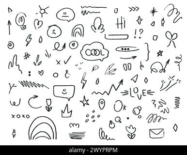 Set aus einfachen handgezeichneten Elementen im Doodle-Stil. Miniaturansichten unterstreichen, Hervorhebung, QuickInfos, Symbole, Pfeile und Formen. Vektordarstellung isoliert auf Stock Vektor