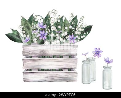 Aquarellset Illustration aus weißem Holz mit Blumenarrangement mit weißen Sträußen aus Lilien des Tals und fliederschinken. Handgezeichnet Stockfoto