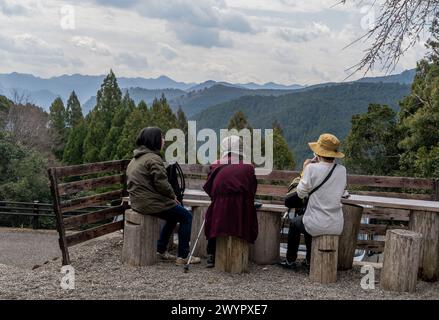 Besucher und Ausblicke entlang der antiken Pilgerroute Kumano Kodo in der Nähe von Hongu, Japan Stockfoto