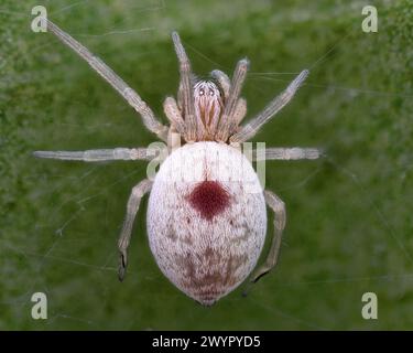 Die dorsale Ansicht der Blutenden Herzspinne (Nigma puella), die auf Efeublatt ruht. Tipperary, Irland Stockfoto