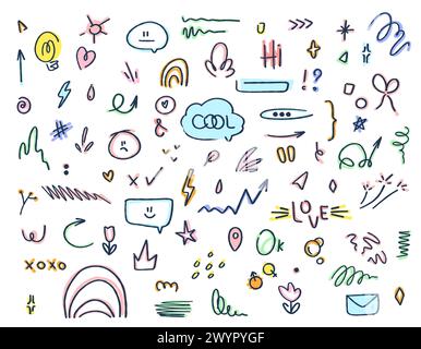 Ein Satz einfacher, handgezeichneter dekorativer Illustrationen. Miniaturansichten unterstreichen, Hervorhebung, QuickInfos, Symbole, Pfeile und Formen. Vektordarstellung isoliert o Stock Vektor