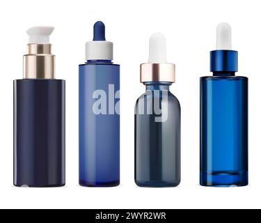 Serum-Tropfflasche-Modell. Pipettenflasche mit ätherischem Öl, natürliches Premium-Essence-Produkt. Blaues Glasverpackungsleerpapier, kleine Lotionsflasche, Vektor Stock Vektor